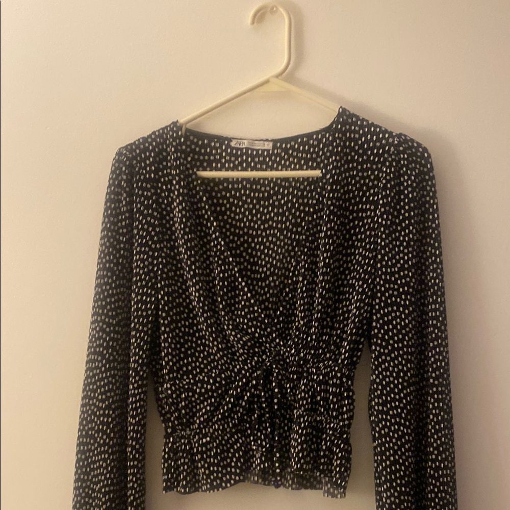 Zara Black and White Ruched Crop Blouse